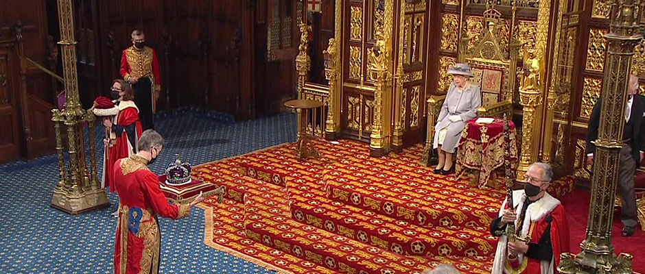 The Queen seated at the State Opening of Parliament