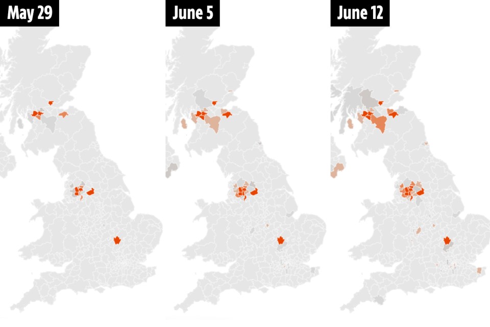 Where the UK is now, and where it is headed. The orange areas are shaded on the probability they will see case rates of 100 per 100,000 people that week