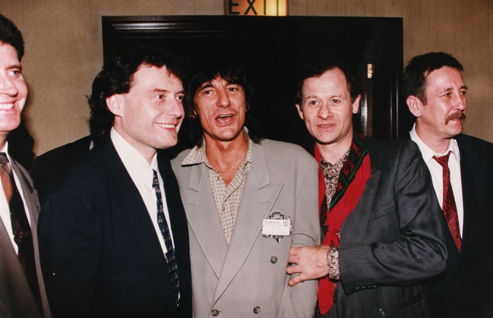 Jimmy White and Alex Higgins at a party with Rolling Stones guitarist Ronnie Wood