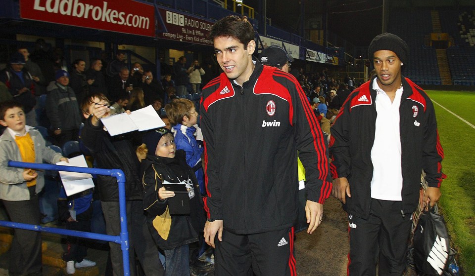 Kaka and Ronaldinho arrive at Fratton Park for AC Milan’s game against Pompey