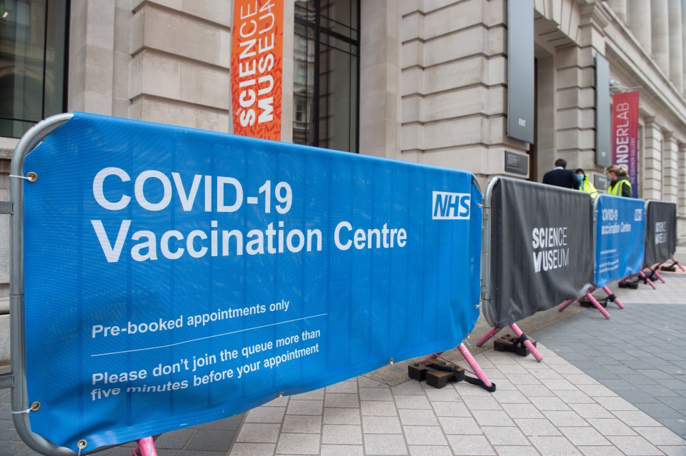 Millions more Brits will be eligible for a Covid vaccine from tomorrow. Pictured: A vaccine centre set up at The Science Museum in Knightsbridge, London