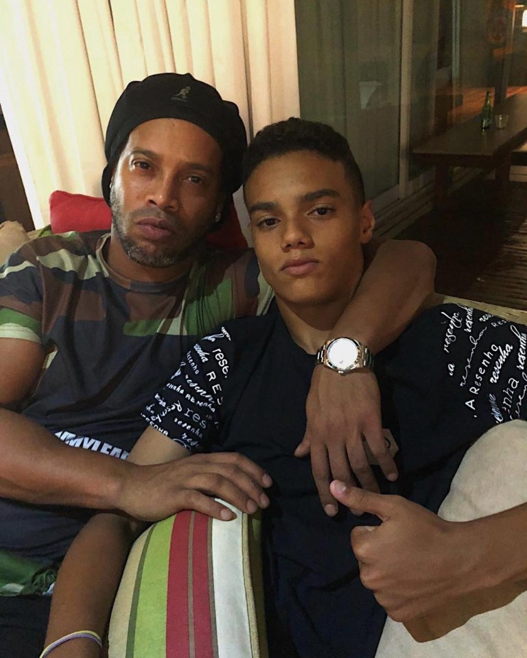 Ronaldinho with his footballer son Joao Mendes