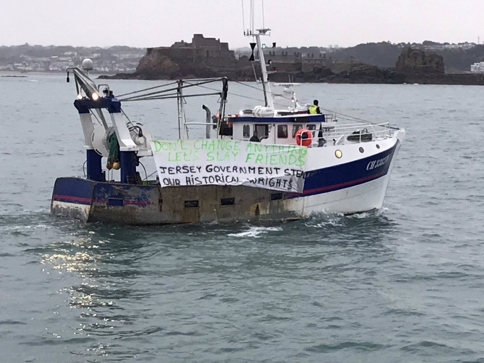 A fishing vessel in St Helier harbour, Jersey, as French fishermen protest post Brexit changes to fishing in the area on May 6