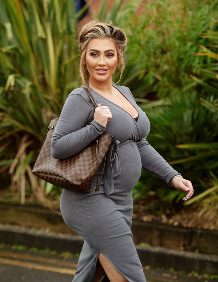 Lauren Goodger showed off her growing baby bump in skin-tight grey dress