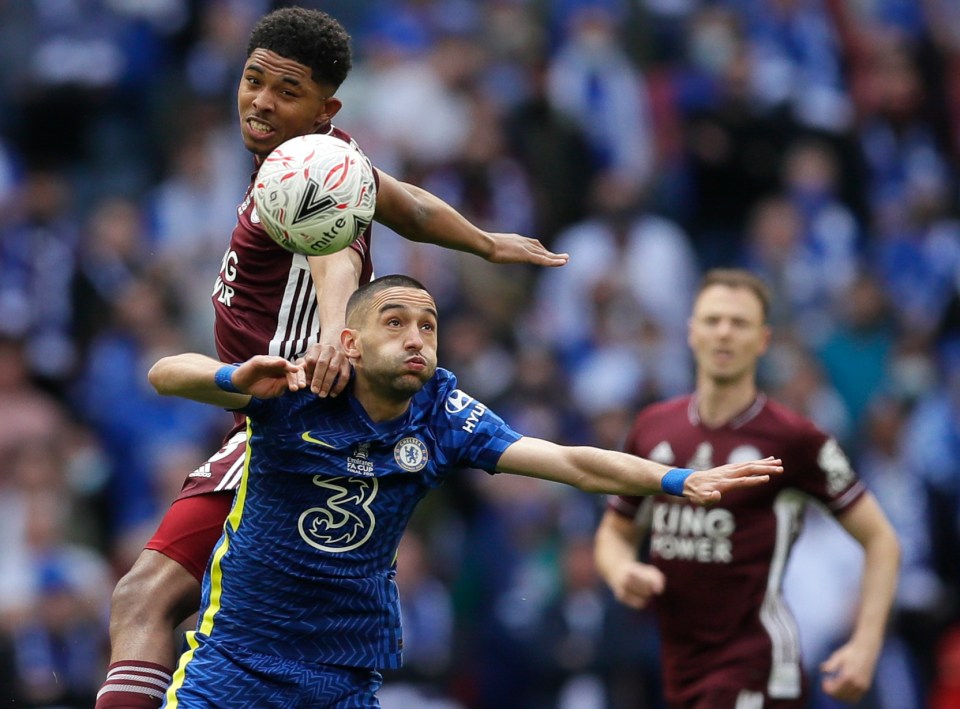 Wesley Fofana dominates Chelsea's Hakim Ziyech in the FA Cup final