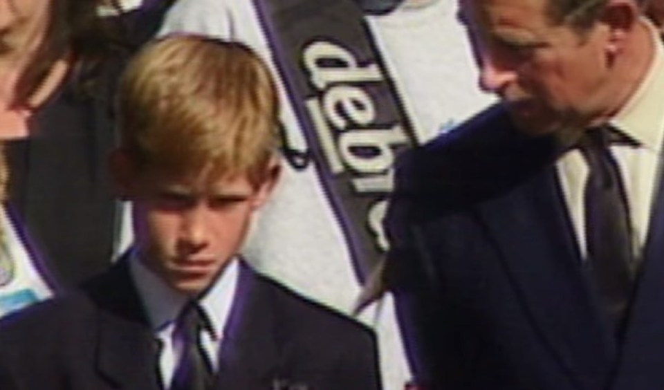 Harry, pictured aged 12 at Princess Diana's funeral with dad Charles, accuses his father of letting him 'suffer'