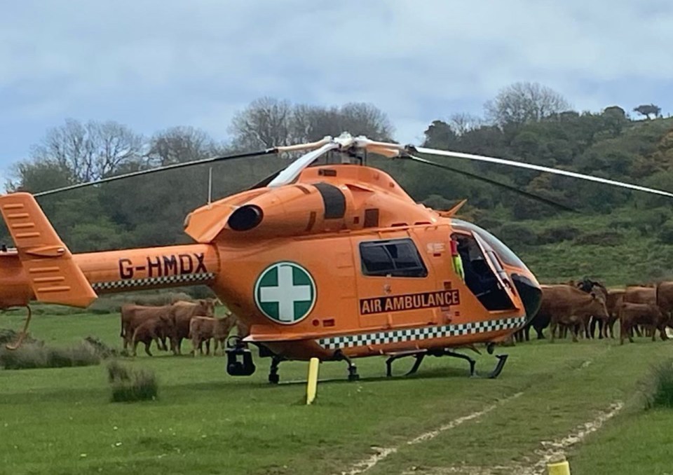 An air ambulance lands but is forced to move from the field