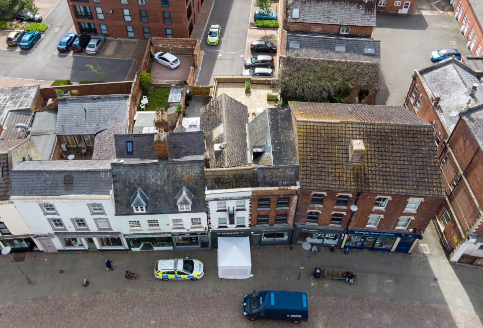 Aerial views show police activity behind The Clean Plate cafe in Southgate Street, Gloucester