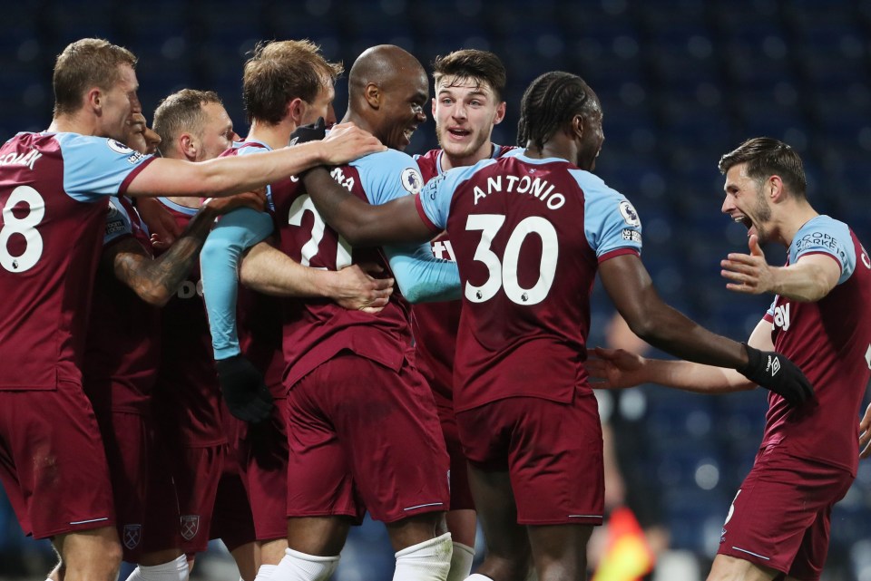 Angelo Ogbonna is mobbed after putting the Hammers in front on 82 minutes