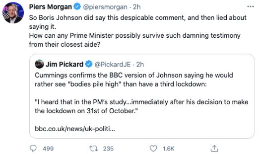 Piers questioned how Prime Minister Johnson can survive such a "damning testimony"