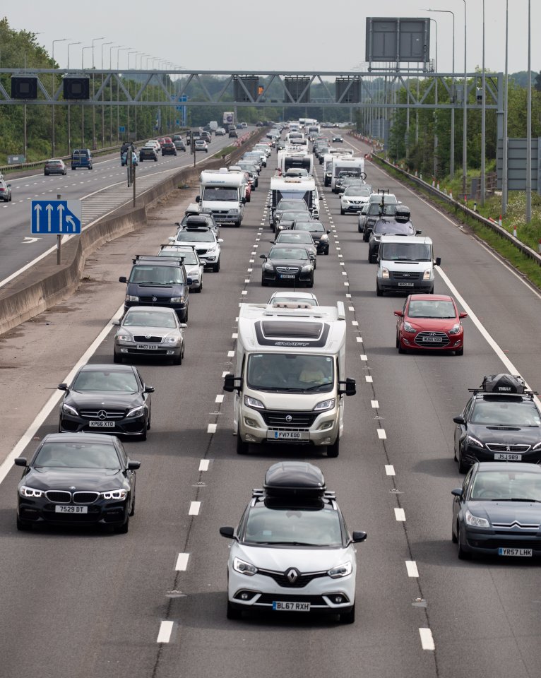 Long queues on the M5 heading south near Bristol as people get away for the bank holiday weekend