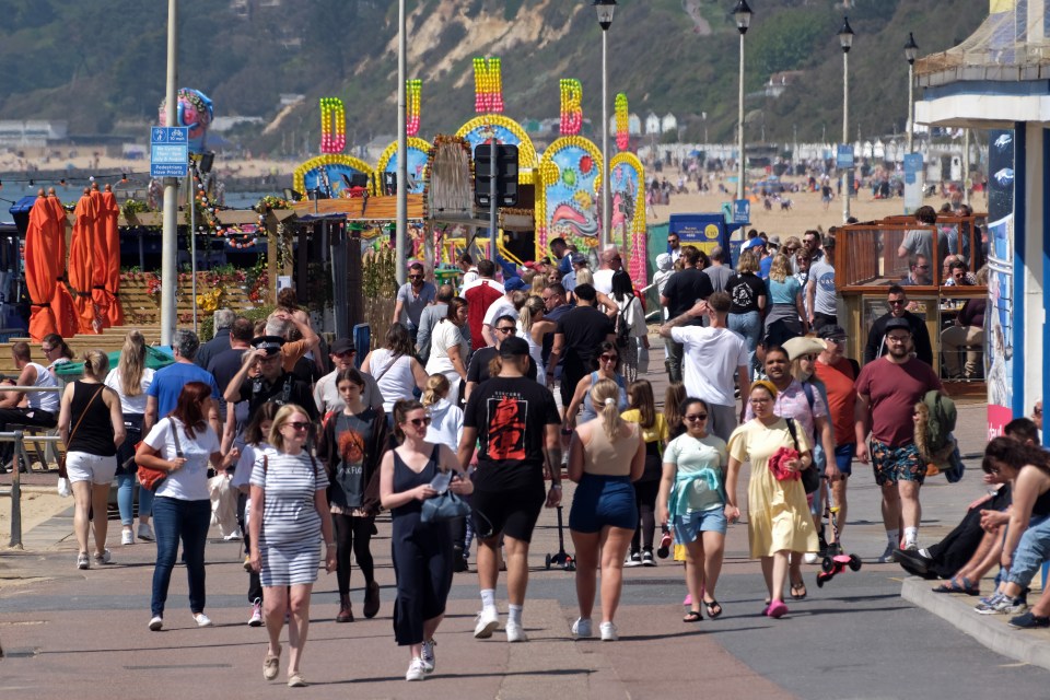 Bournemouth beach at the start of the bank holiday weekend with people out enjoying the heat on the Dorset coastline