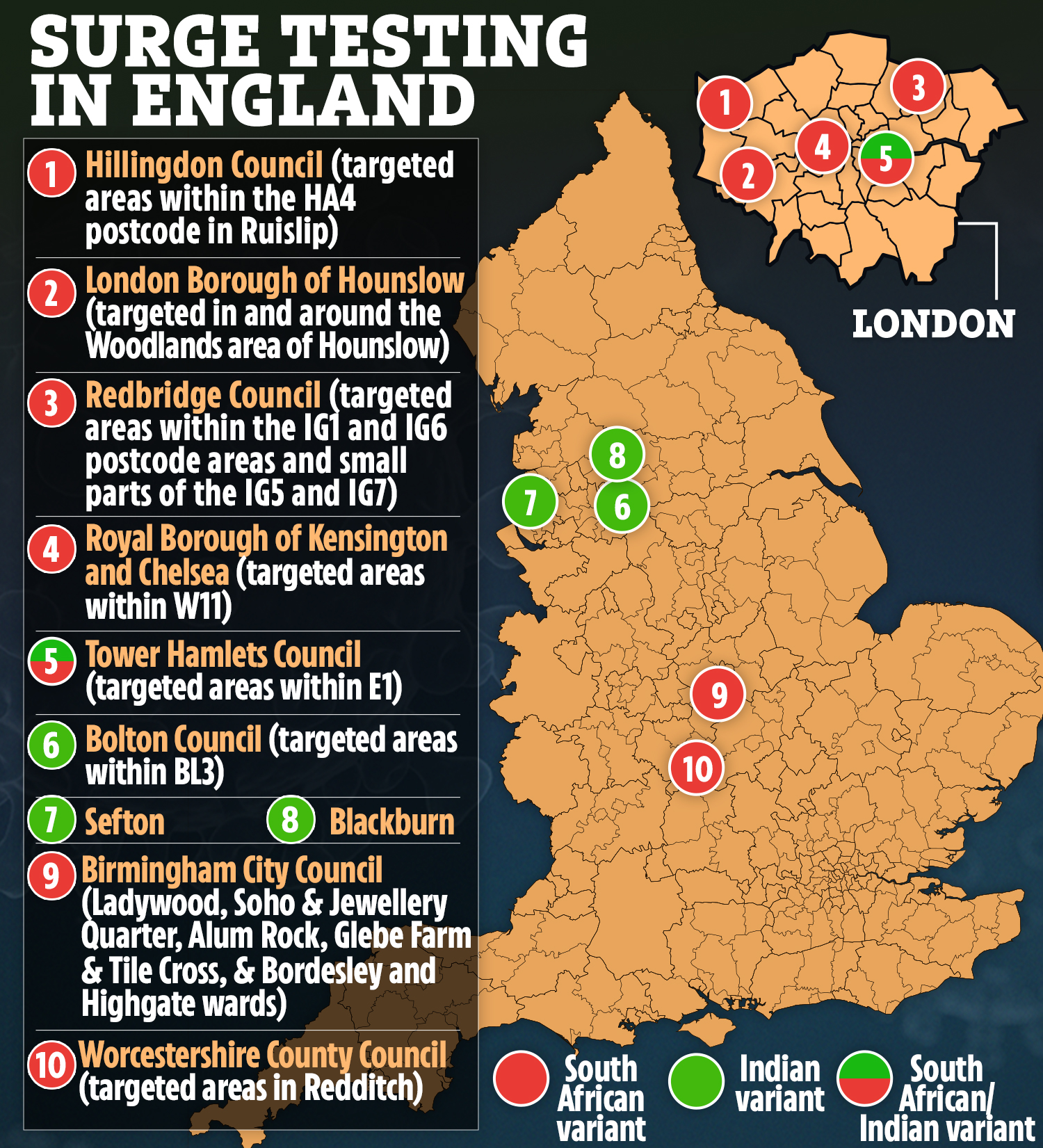 The map above shows where surge testing is taking place across the country