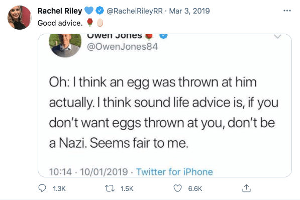 Ms Riley shared this tweet after Jeremy Corbyn had an egg thrown at him