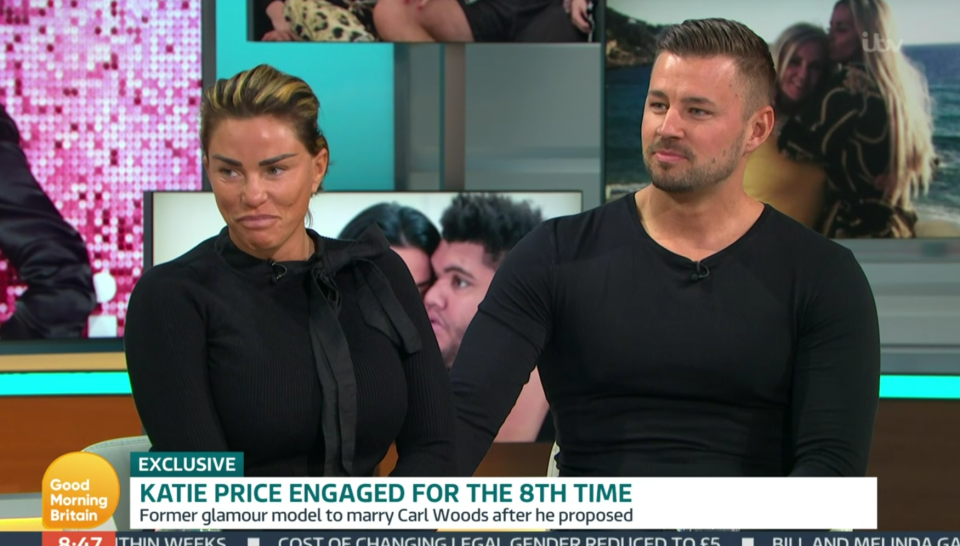 Katie Price flashes huge engagement ring on GMB as fiance Carl Woods reveals they want TWO babies together