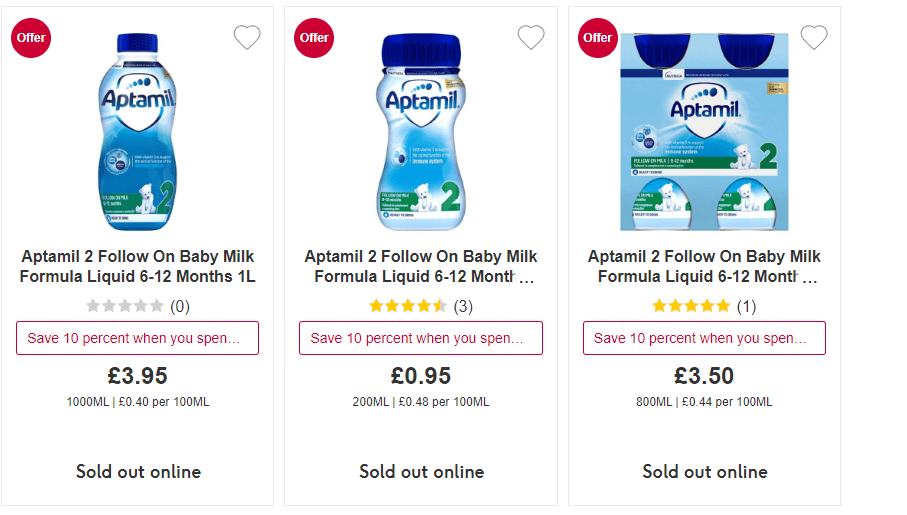 Boots had three baby milk products out of stock