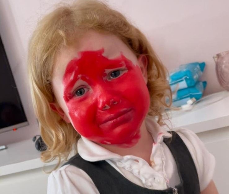 Isabella, four, was left red faced trying to look like Foxy from Five Nights at Freddy's