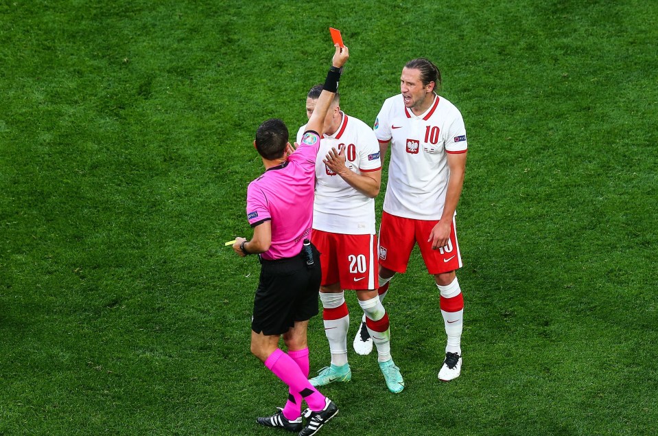 Poland's Grzegorz Krychowiak was the first player sent off in the Euros against Slovakia