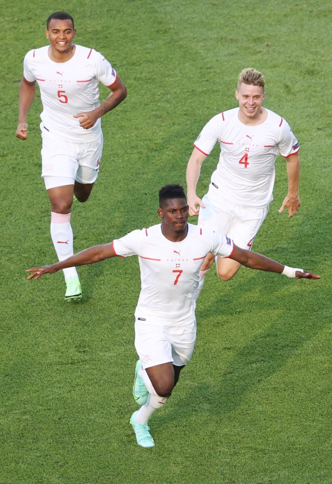 Breel Embolo celebrates putting the Swiss 1-0 up against Wales