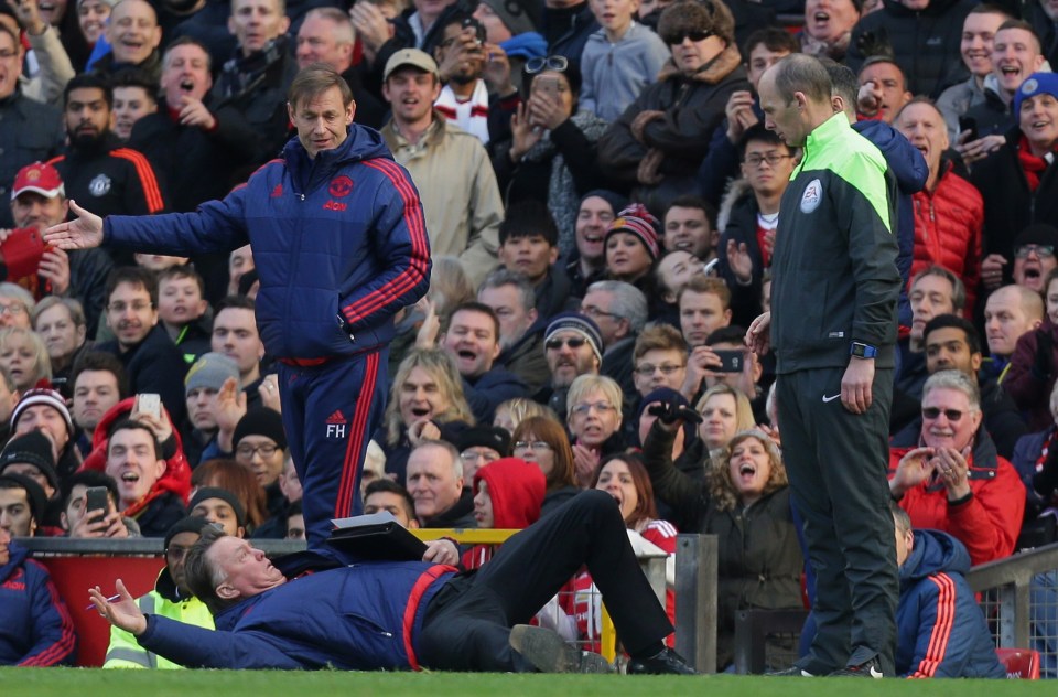 Van Gaal dived to the ground to illustrate Alexis Sanchez's theatrics during a 2016 clash