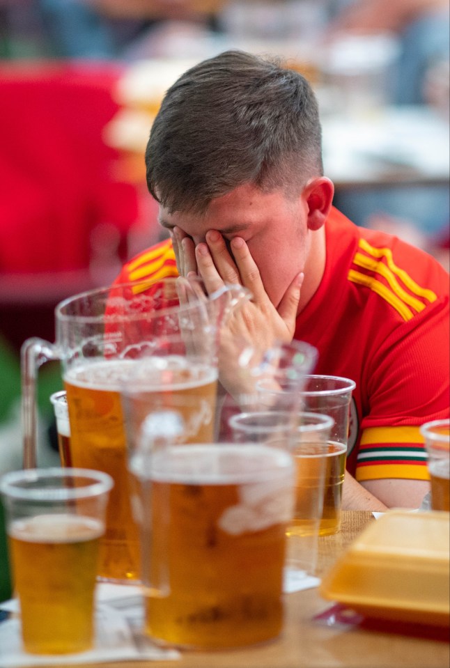 A Wales fan has a moment after his team was knocked out