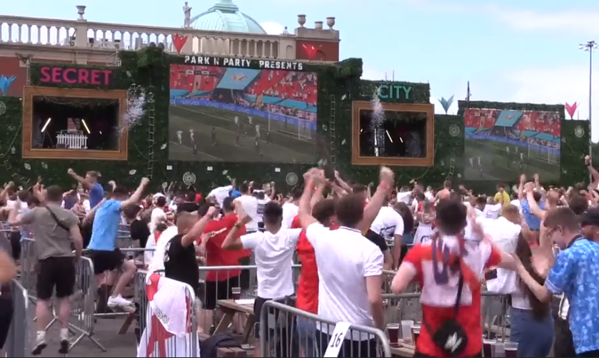 England fans celebrate as Raheem Sterling fired England into the lead