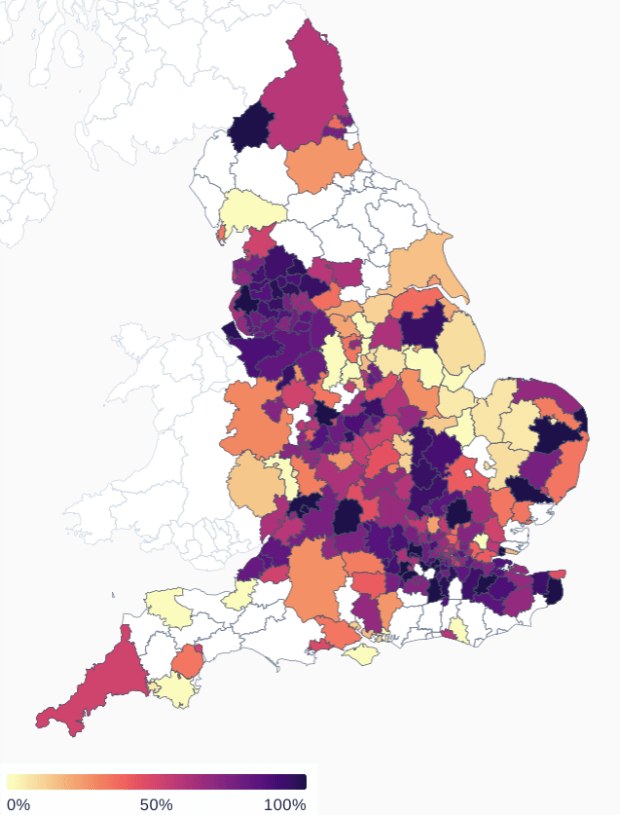 Parts of England where the Delta variant is dominant, making up at least 50 per cent of cases. Source: Wellcome Sanger Institute