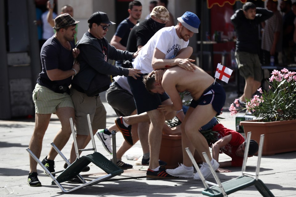 England fans clash with Russian fans ahead of the game on June 11, 2016