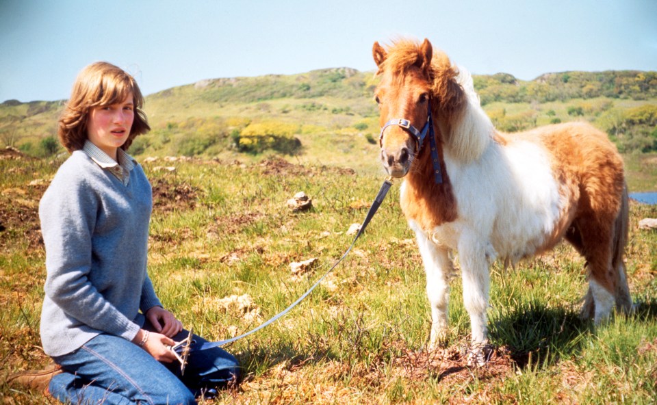 Animal lover Lady Diana with Souffle, a Shetland pony, in Scotland in 1974