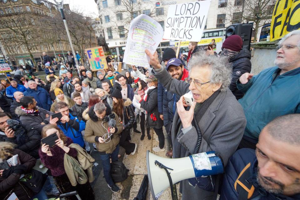 Piers Corbyn, a prominent figure in the UK anti-vaxx movement, speaking at a anti-lockdown demonstration in Manchester in December