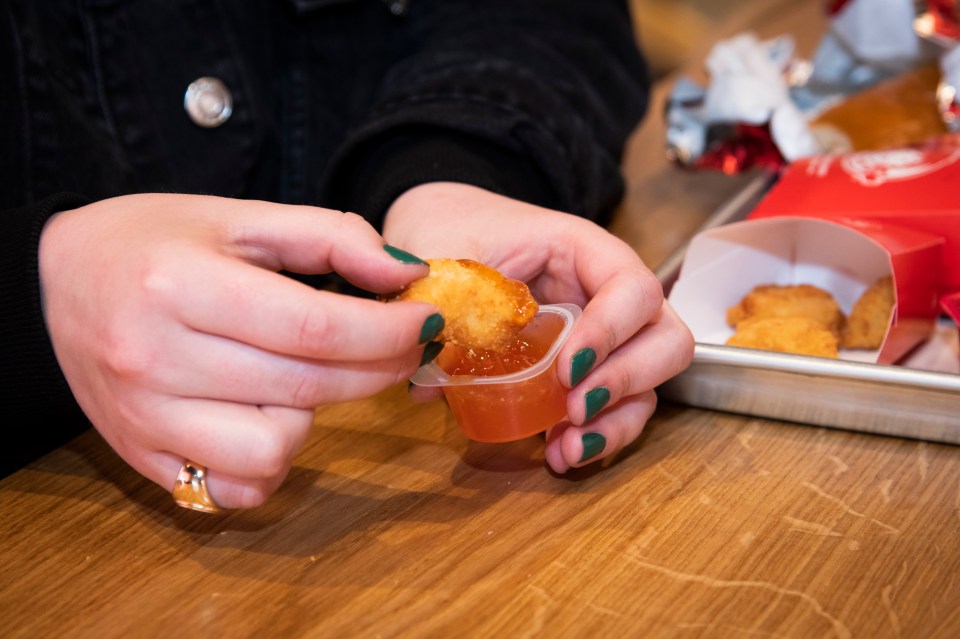 The nuggets are made with chicken breast and come with a choice of dips, including sweet chilli