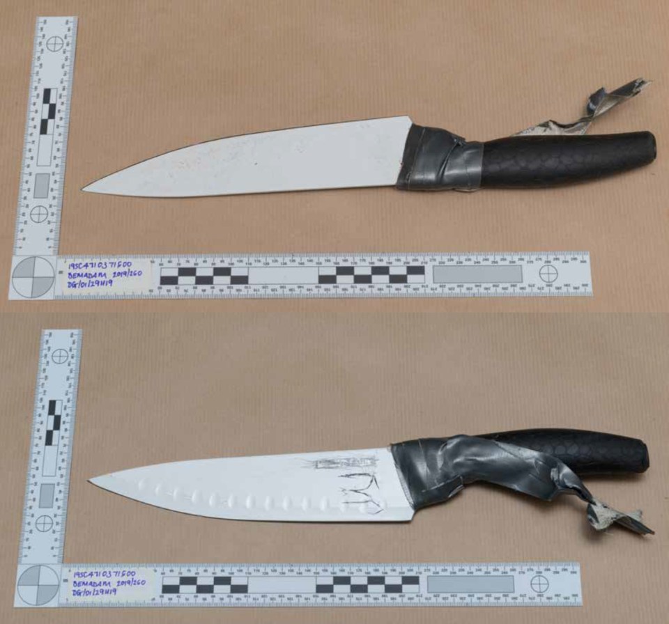 Khan had strapped two knives to his hands after he stabbed two people in the attack