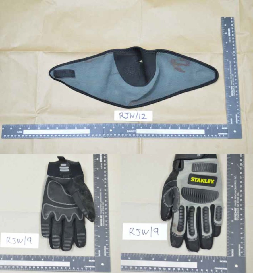 Undated handout photo issued by Metropolitan Police shows gloves and a kind of motorbike face mask worn by Khan