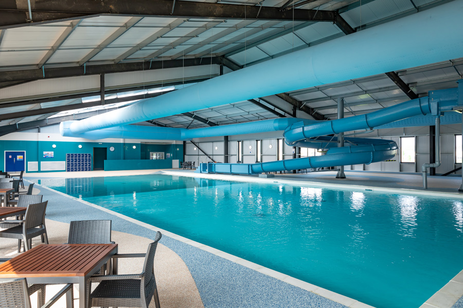 The heated indoor pool has a 45-metre flume