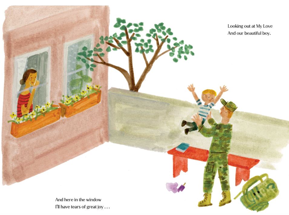 The illustrations show a father in military uniform playing with his son