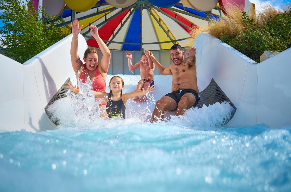 The slides can accommodate the whole family sitting side-by-side