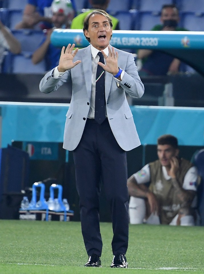 Roberto Mancini urges on his side as they romped to victory over Turkey