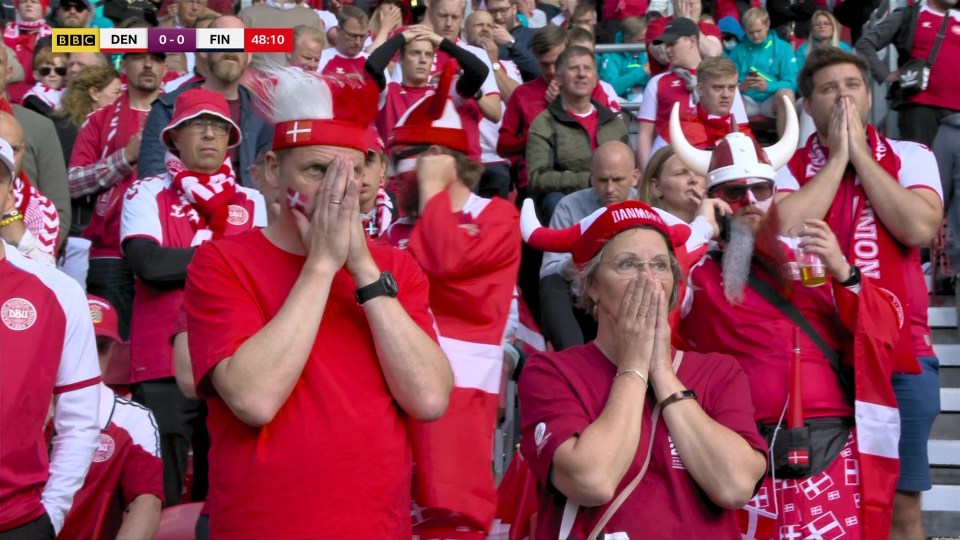 The supporters in Copenhagen’s Parken Stadium looked on in horror after their star player fell down on the pitch