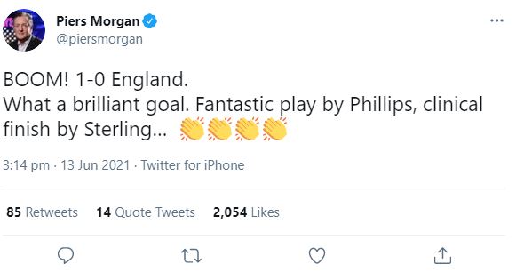 Piers was quick to celebrate England's first goal of the tournament on Twitter