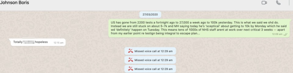 The PM slammed Mr Hancock as 'hopeless' in this Whatsapp message