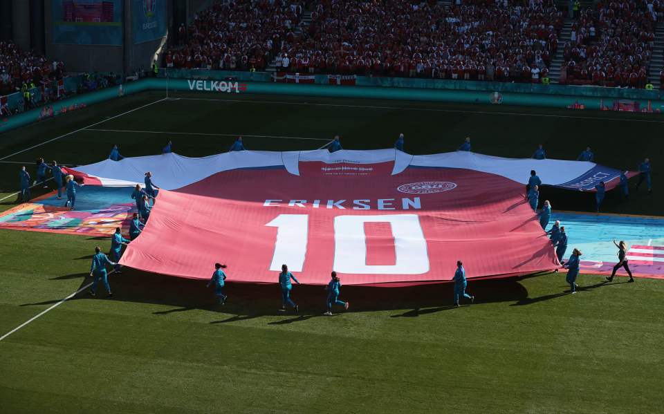 A giant Christian Eriksen shirt was unveiled before kick-off in Copenhagen