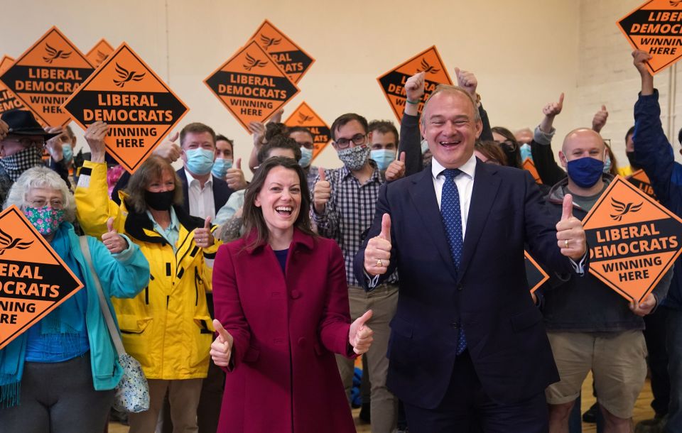 Liberal Democrat leader Ed Davey and new MP for Chesham and Amersham Sarah Green during a victory rally at Chesham Youth Centre