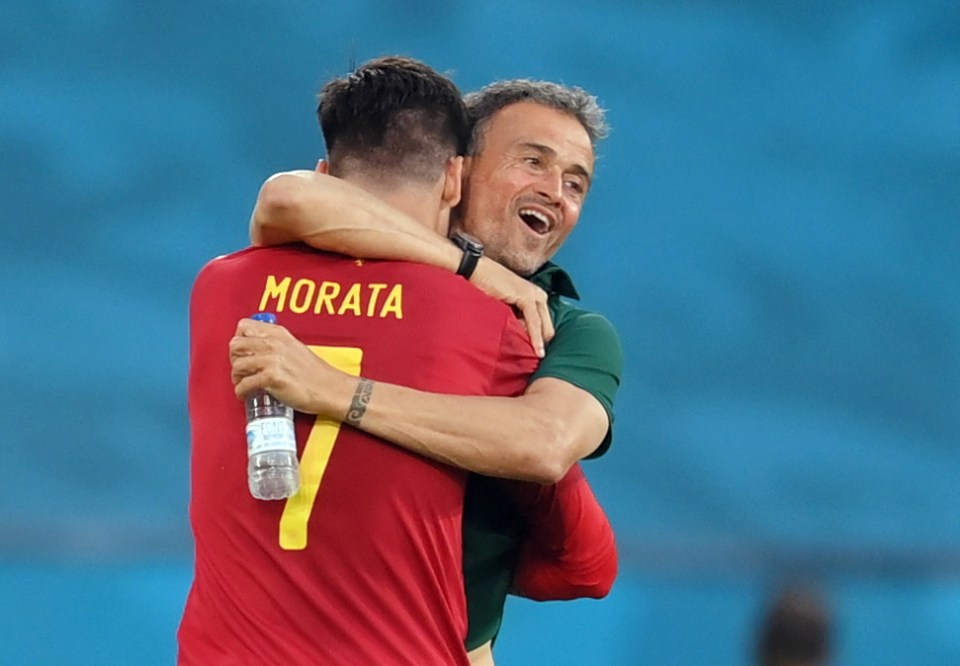 Former Chelsea striker Morata ran over for a hug with his manager Luis Enrique