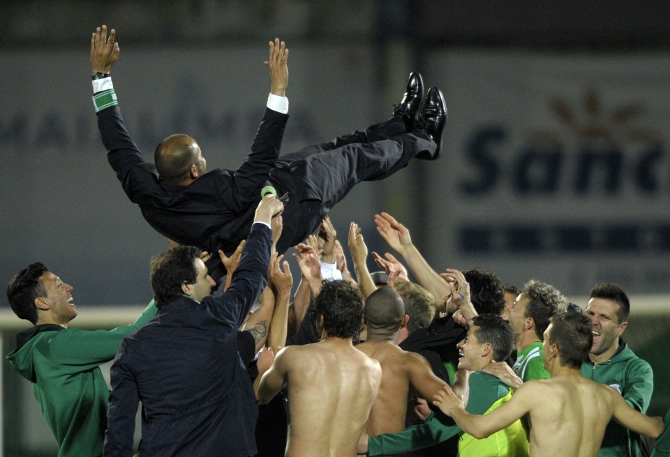 Rio Ave's stars toss Nuno in the air after reaching the final of the Portuguese Cup