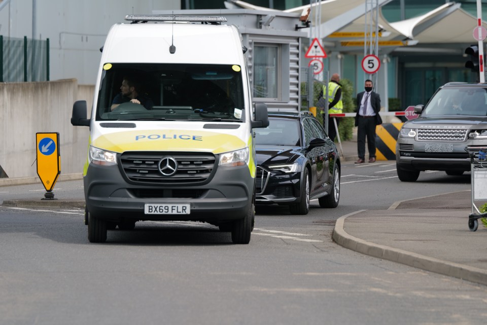 A police convoy was seen leaving Heathrow shortly after Harry touched down in the UK