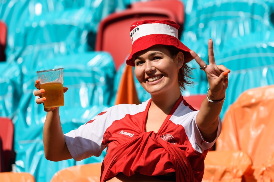 A supporter of Denmark gestures prior to the UEFA Euro 2020 Championship Round of 16 match between Wales and Denmark