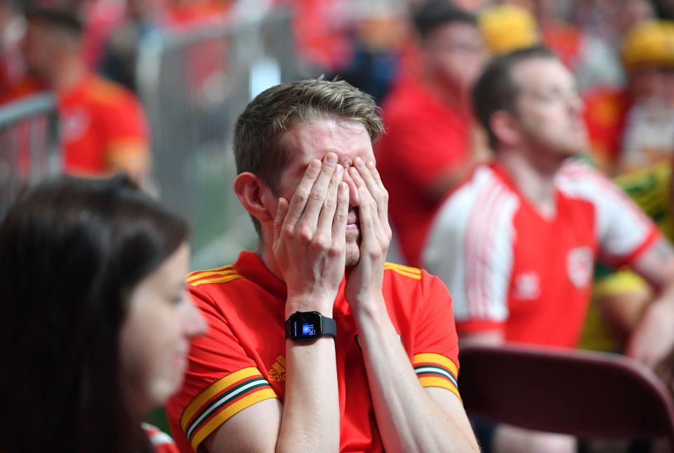 A Wales fan places his hands over his eyes as Denmark scores a second goal after halftime