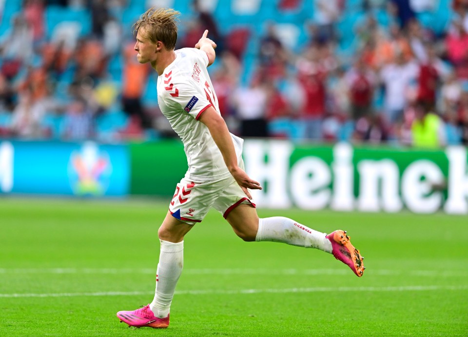 Denmark's Kasper Dolberg celebrates after scoring his side's second goal