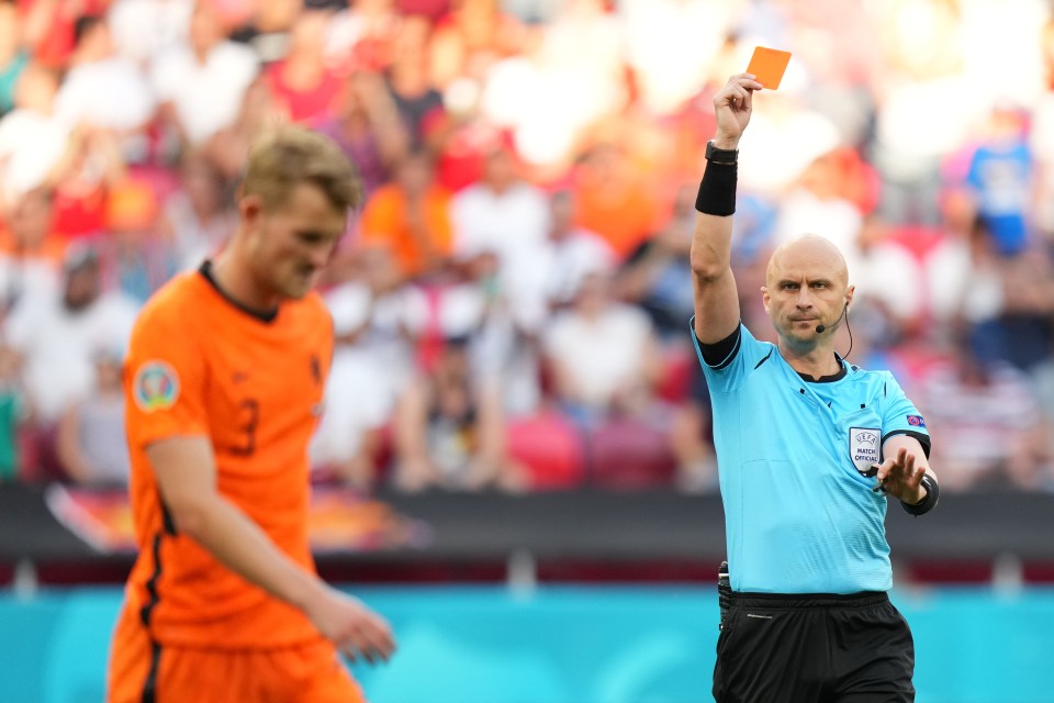 The Netherlands' Matthijs de Ligt was sent off after a VAR check on his handball when the last man defending for his side