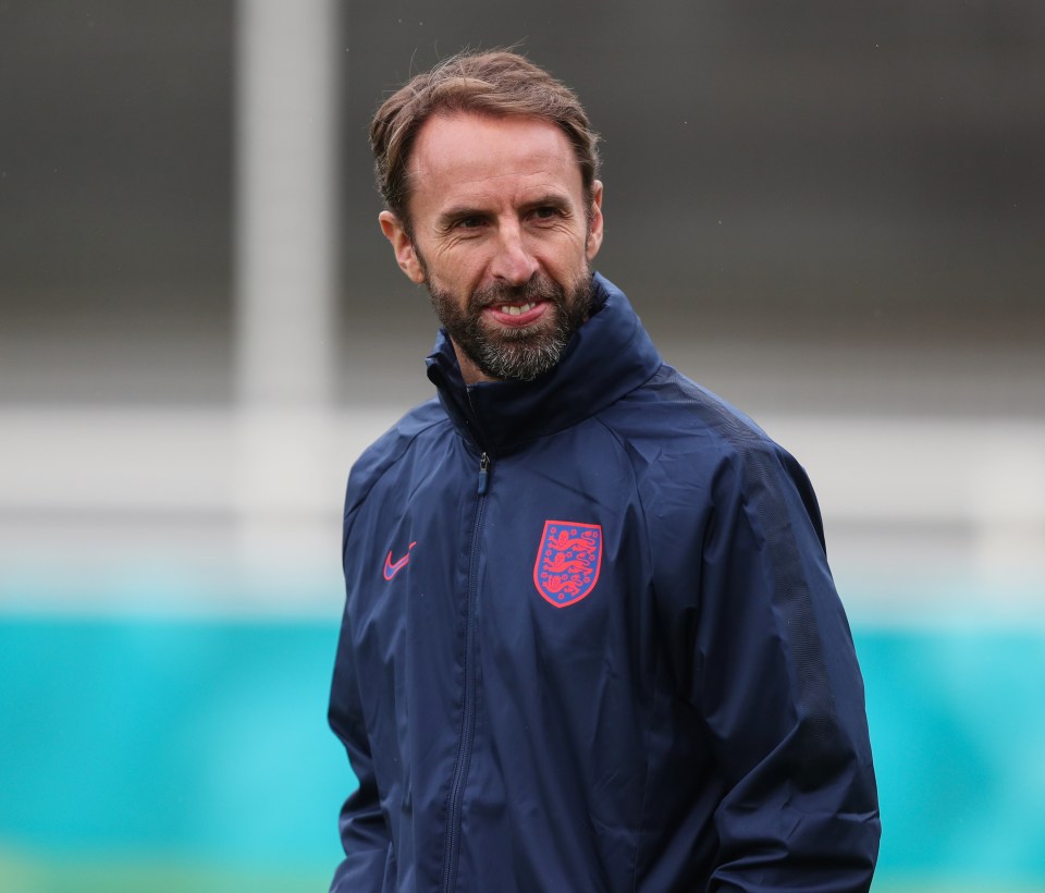 England boss Gareth Southgate watches on in training